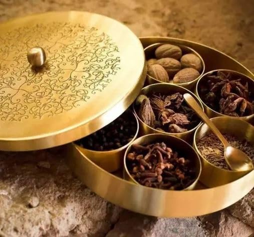 Metal Spice Box Set for Kitchen New and Innovative Handicrafts Floral-Etched' Handcrafted Brass plated Spice Box Set For Kitchen With Spoon (7 Containers, 40 ML) - Masala Container Masala Dabba