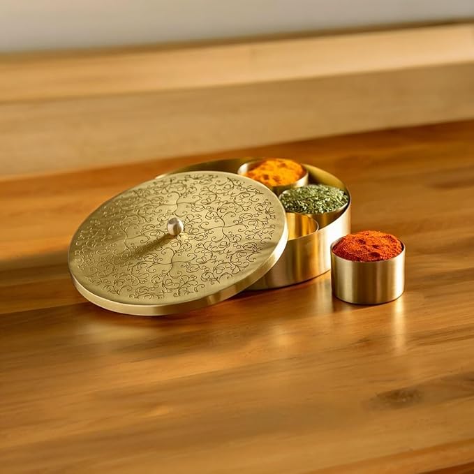 Metal Spice Box Set for Kitchen New and Innovative Handicrafts Floral-Etched' Handcrafted Brass plated Spice Box Set For Kitchen With Spoon (7 Containers, 40 ML) - Masala Container Masala Dabba